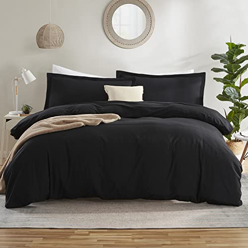 Nestl Black Duvet Cover Full Size - Soft Full Size Duvet Cover Set, 3 Piece Double Brushed Full Duvet Covers With Button Closure